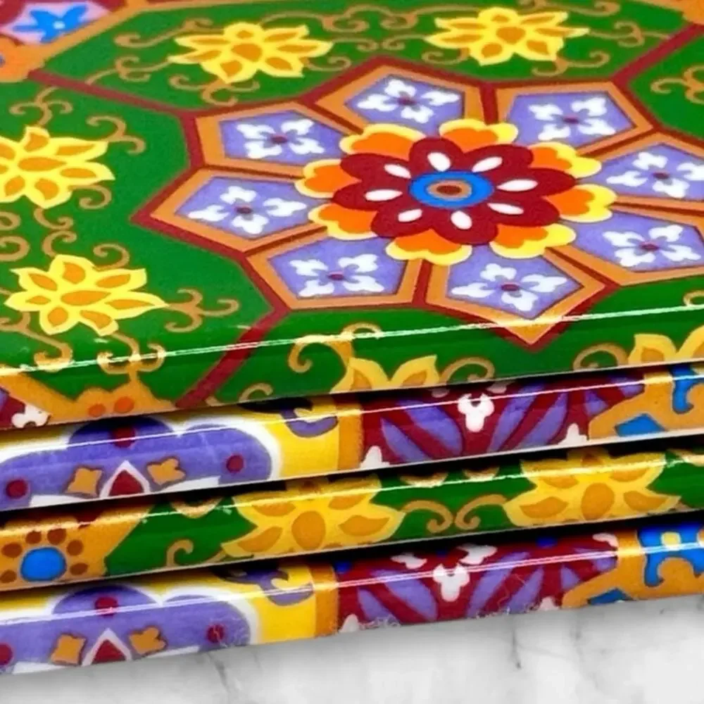 Ceramic Tile Coasters Colorful Talavera-Style Geometric Drink Floral Boho Set 4